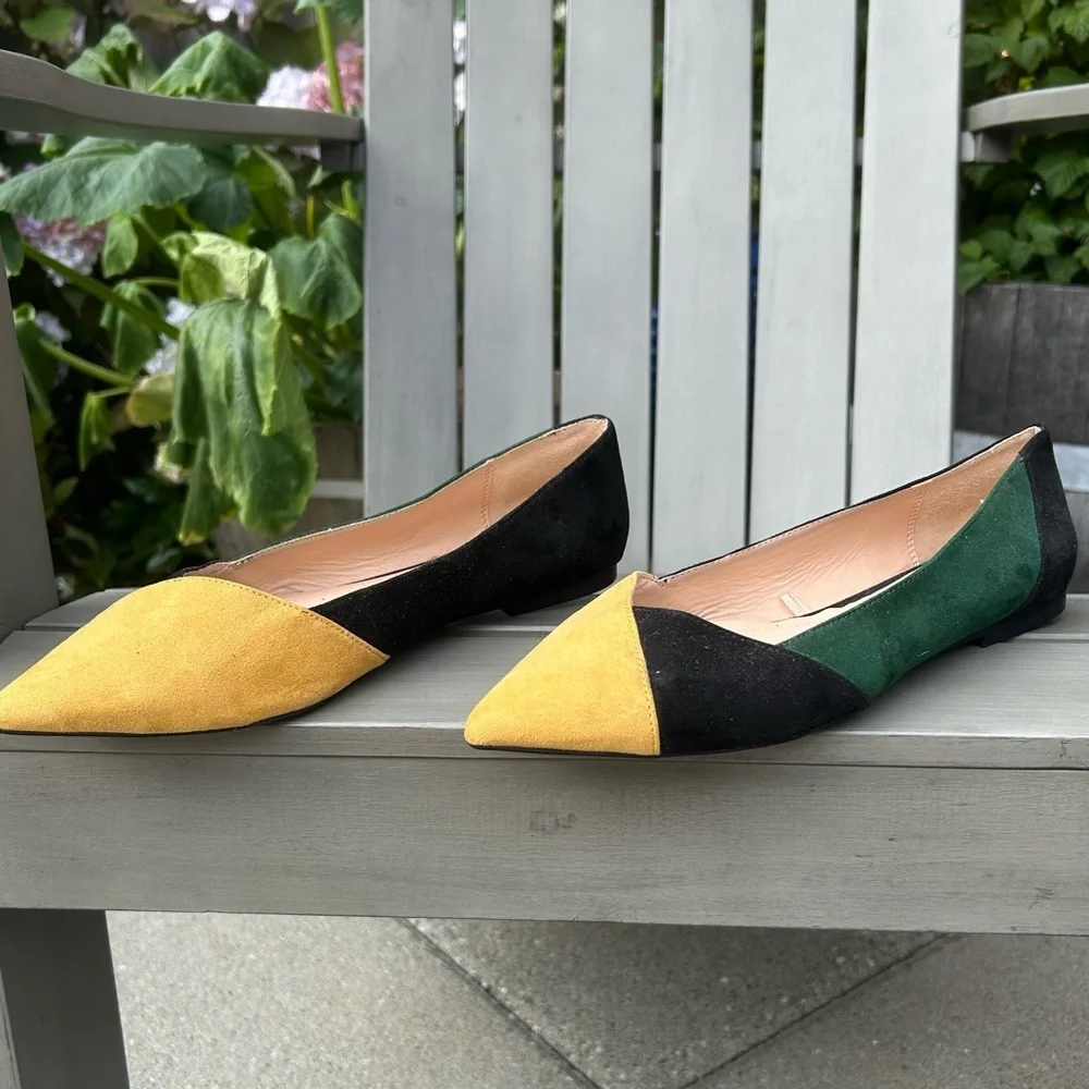 Zara Black and Green Flats with Color-Block‎ Design